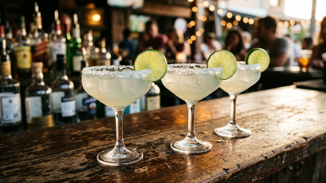 Three lime margaritas with salted rims on a wooden bar