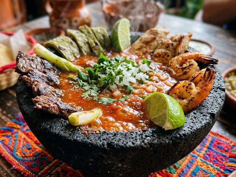 A molcajete of grilled steak, chicken, shrimp and nopales in red salsa